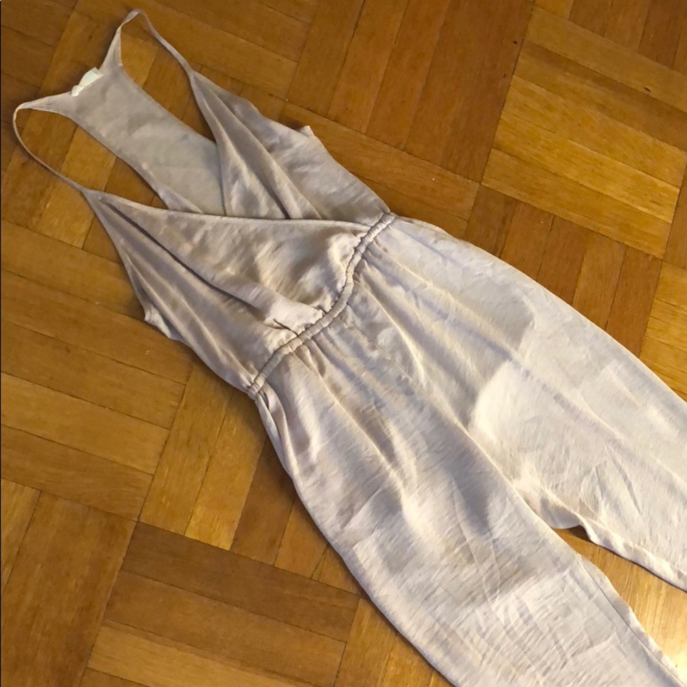 Blush colored silky pants romper